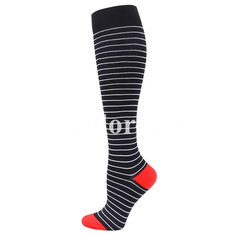 Black and white striped medical grade compression socks