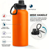 Orange insulated stainless steel vacuum water bottle with a wide handle and leak-proof lid