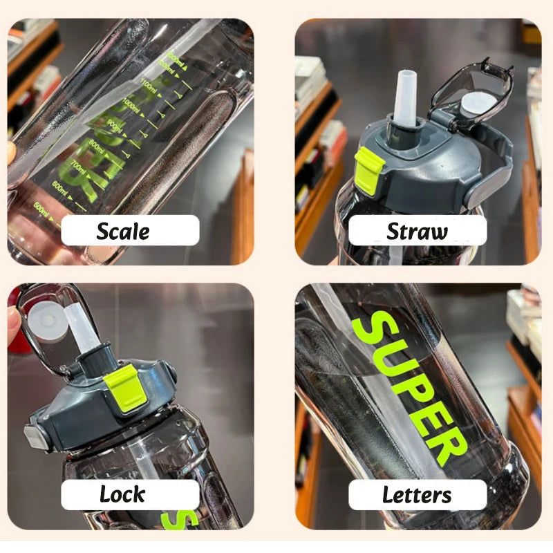 Insulated sports water bottle features a scale, straw, lock, and letters on the body.