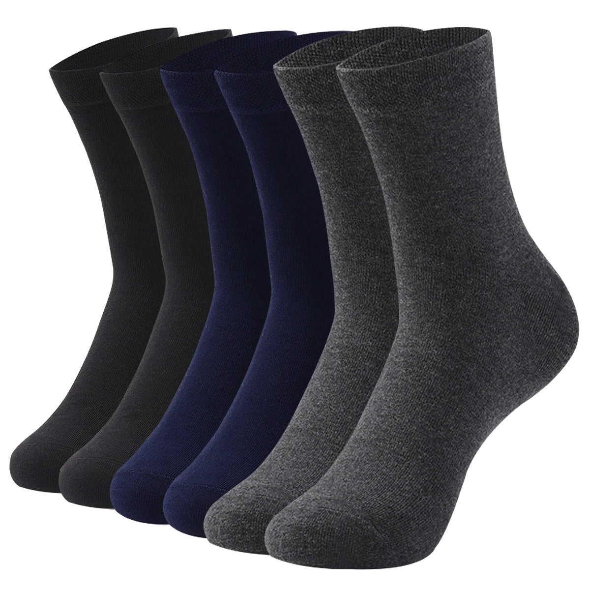 Une rangée de chaussettes de tricot marines foncées et noires.