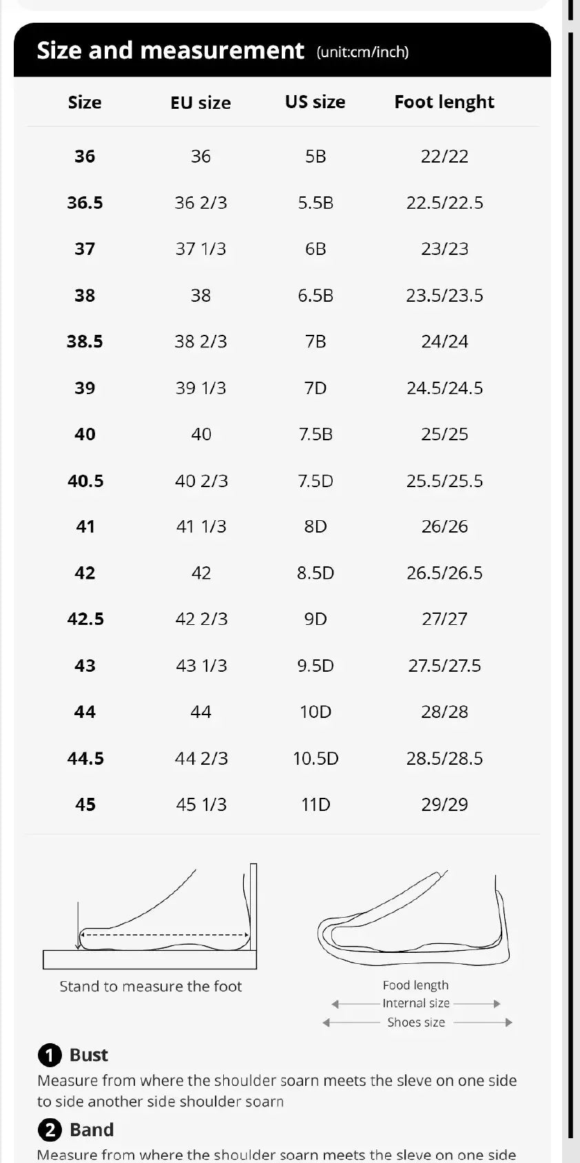 A size and measurement chart for men's outdoor gym football socks, showing sizes from 36 to 45 and corresponding foot lengths