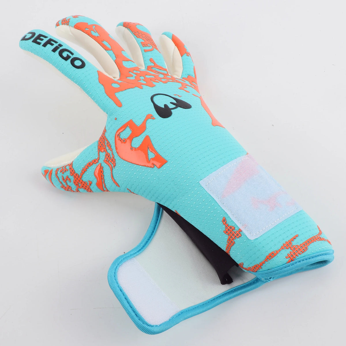 A pair of bright turquoise goalkeeper gloves with orange accents and a white palm area.