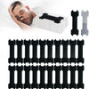 Black invisible nasal strips for snoring relief shown with a person sleeping and various strip types