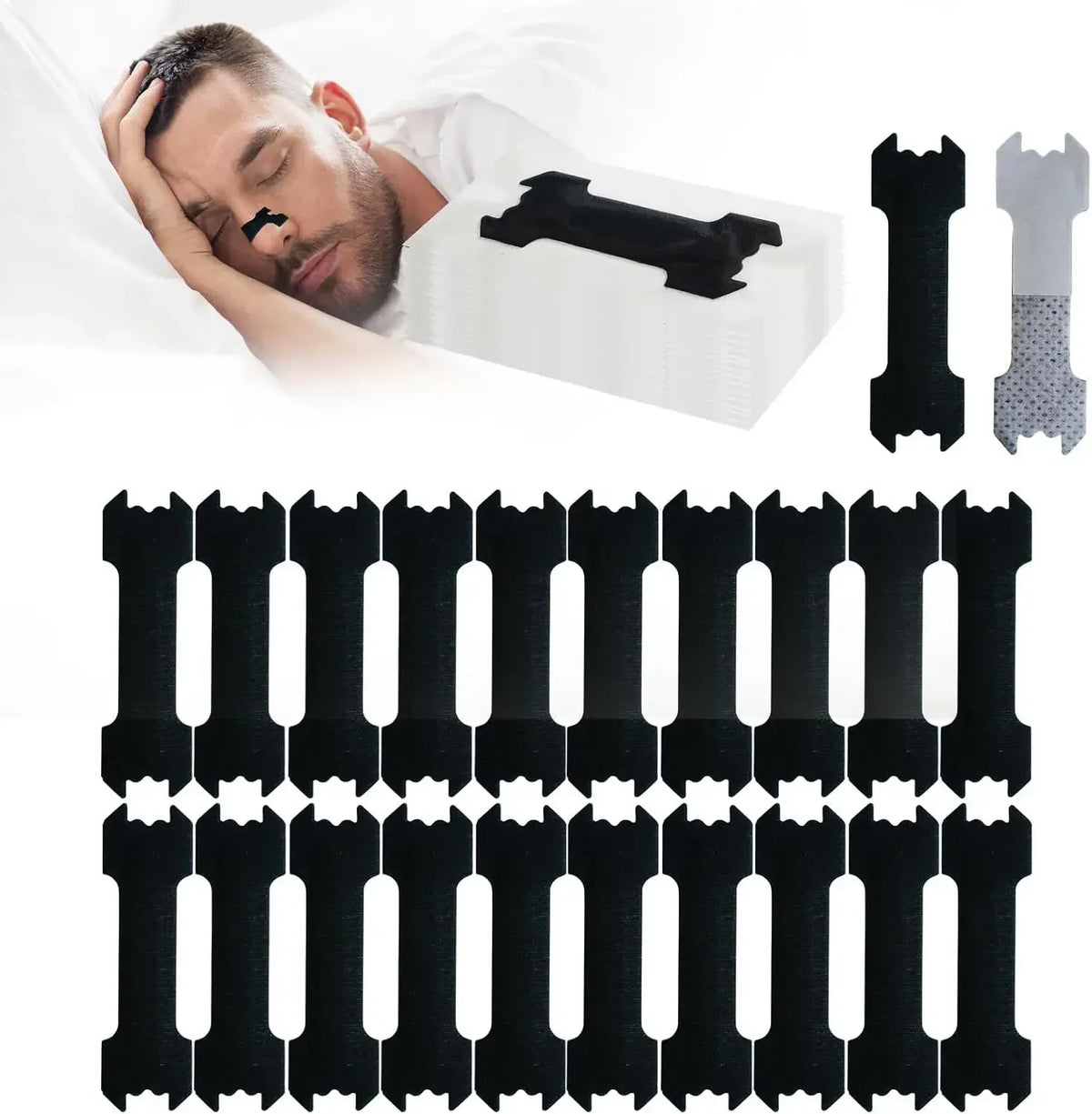 Black invisible nasal strips for snoring relief shown with a person sleeping and various strip types