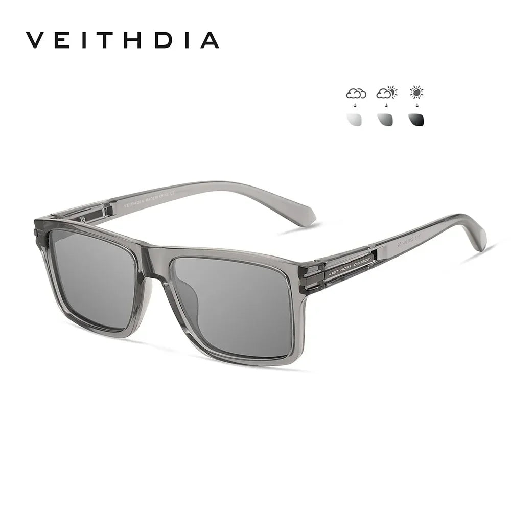 A pair of matte gray, classic square polarized sunglasses with a silver frame and UV400 protection indicators.
