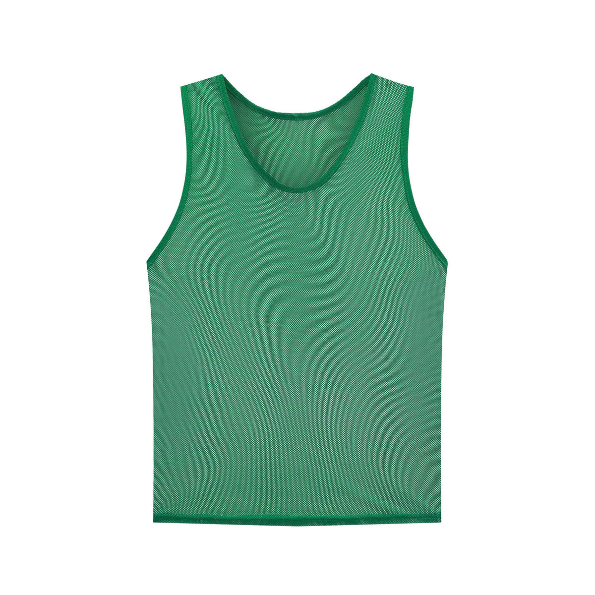 A green breathable mesh soccer training vest.