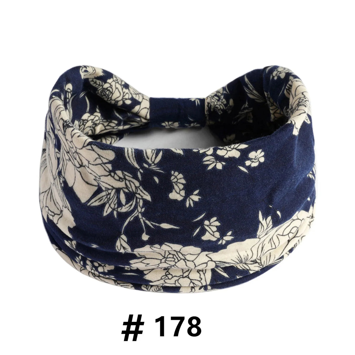 Bandeau en coton stretch bleu marine à motifs floraux bohèmes porté sur la tête