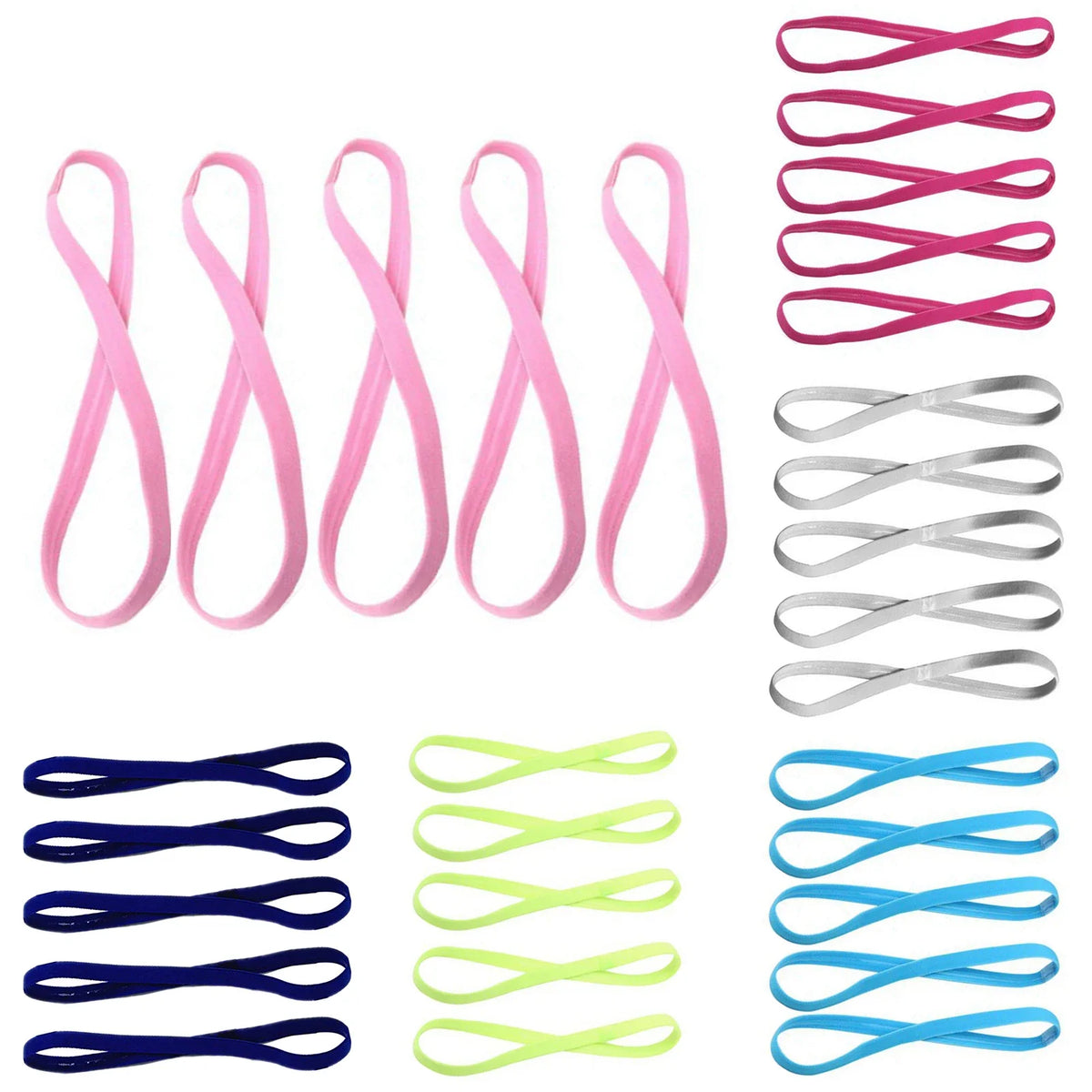 A set of five multi-functional elastic sports headbands in pink and gray colors.