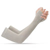 A person is wearing a light gray summer ice silk anti-sunburn arm sleeve on their forearm.