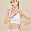 A woman wearing a white sports bra and pink wrist guard bandages for fitness.