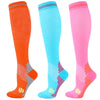 Three pairs of medical grade compression socks in orange, blue, and pink showing different colors.