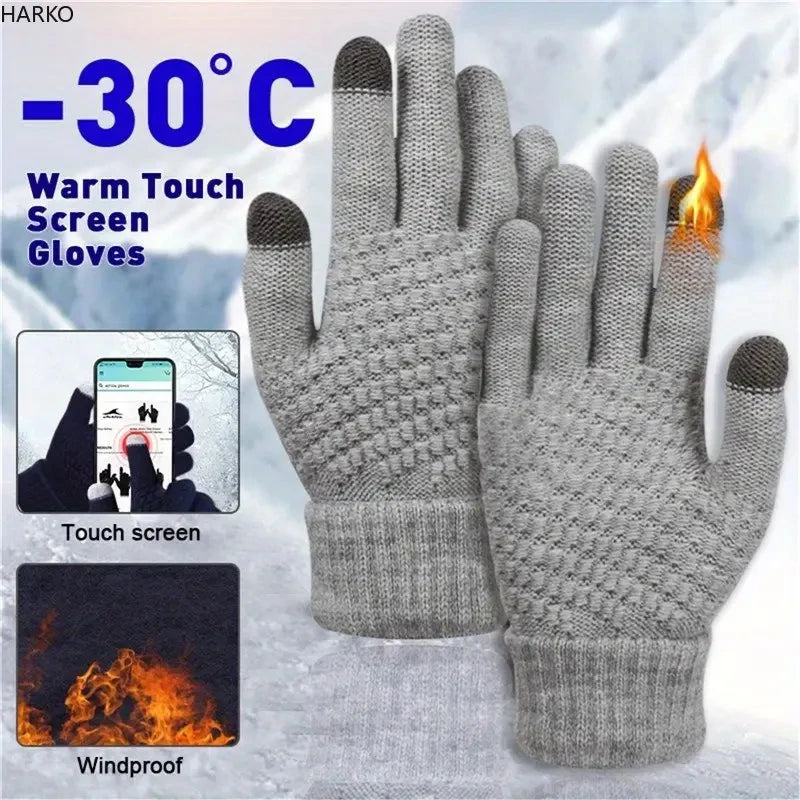 Gray warm touch screen gloves shown against a snowy background with a temperature of -30°C
