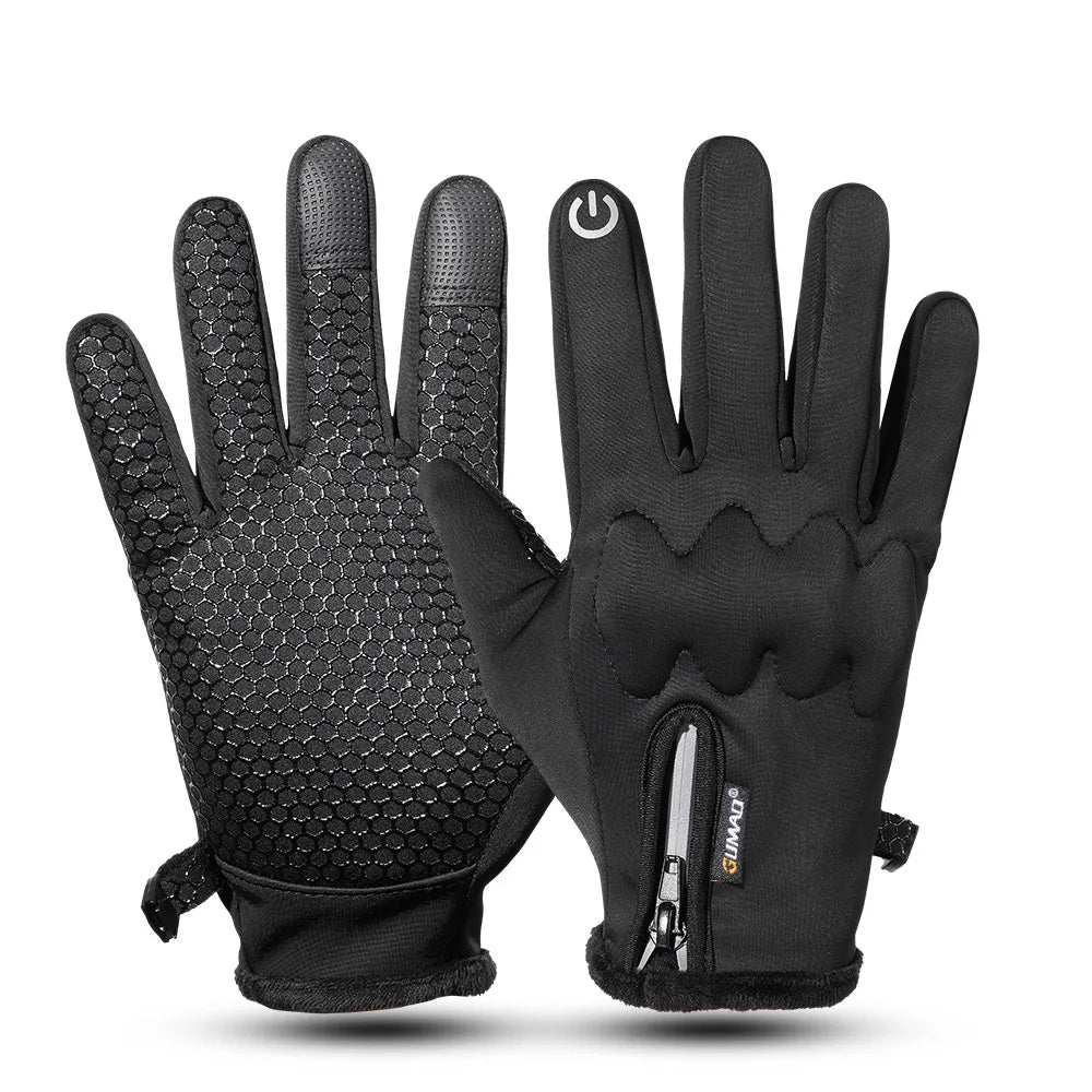 A pair of black touch screen winter tactical gloves shown against a white background.