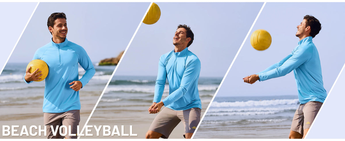 Two men playing beach volleyball in the ocean with a yellow ball under a bright sky.