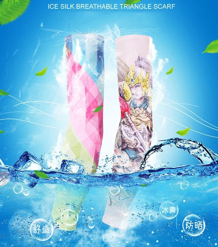 An illustration of an ice silk breathable triangle scarf product shown submerged in water with a female figure.