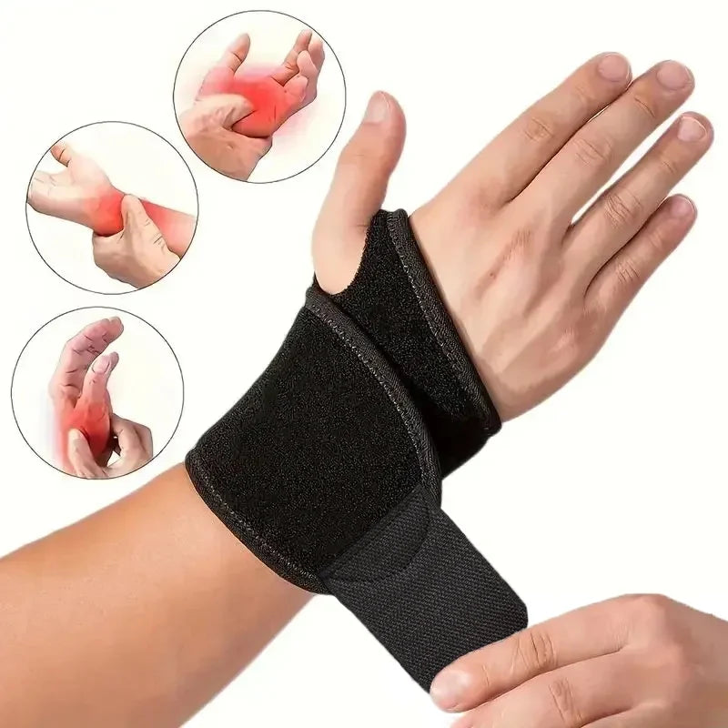 Schwarzer, einstellbarer Handgelenk-Stütze auf einer Hand, mit Beispielen zur Anwendung bei Schmerzlinderung.