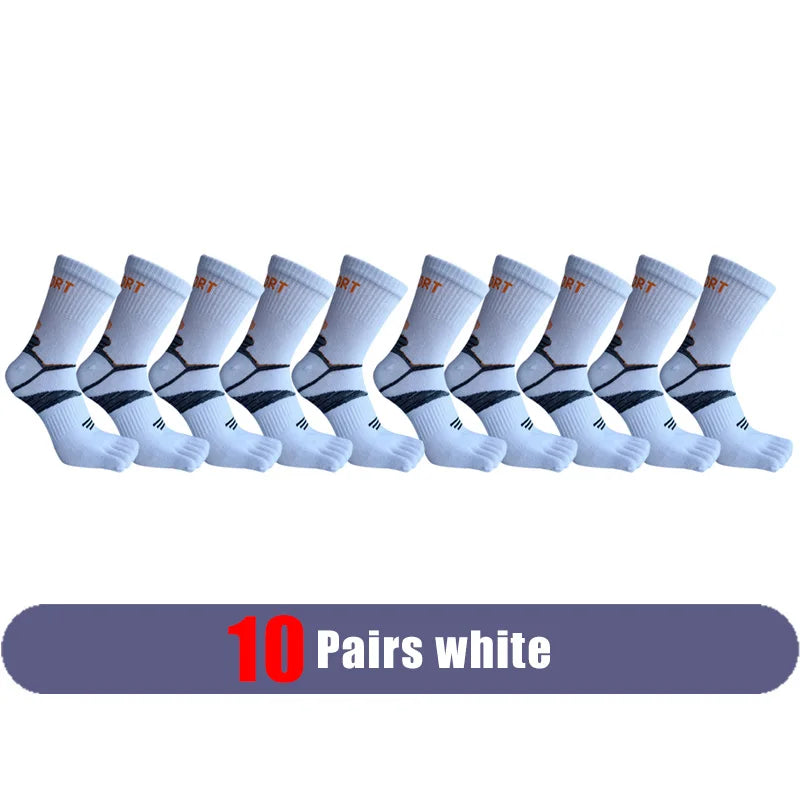 A row of ten pairs of white men's sport compression socks displayed horizontally.