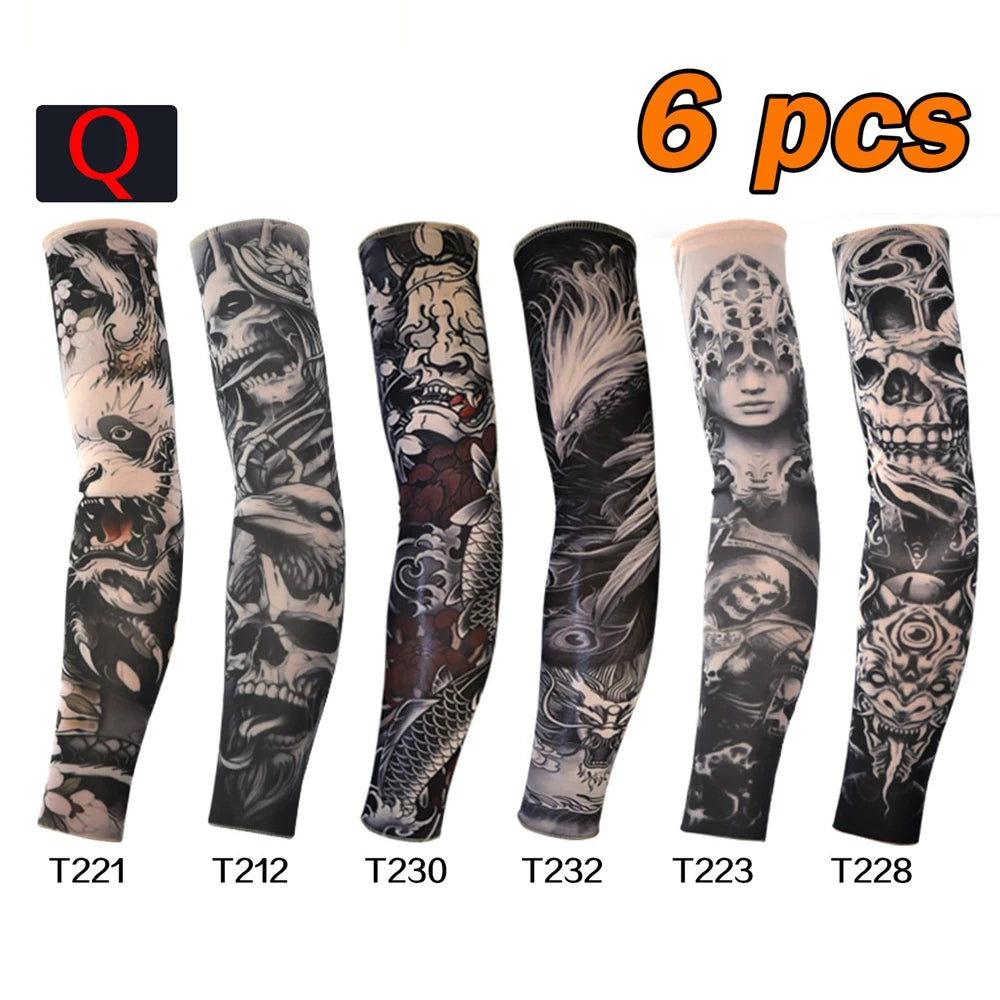 Six packs of black and gray tattoo design arm sleeves for UV protection