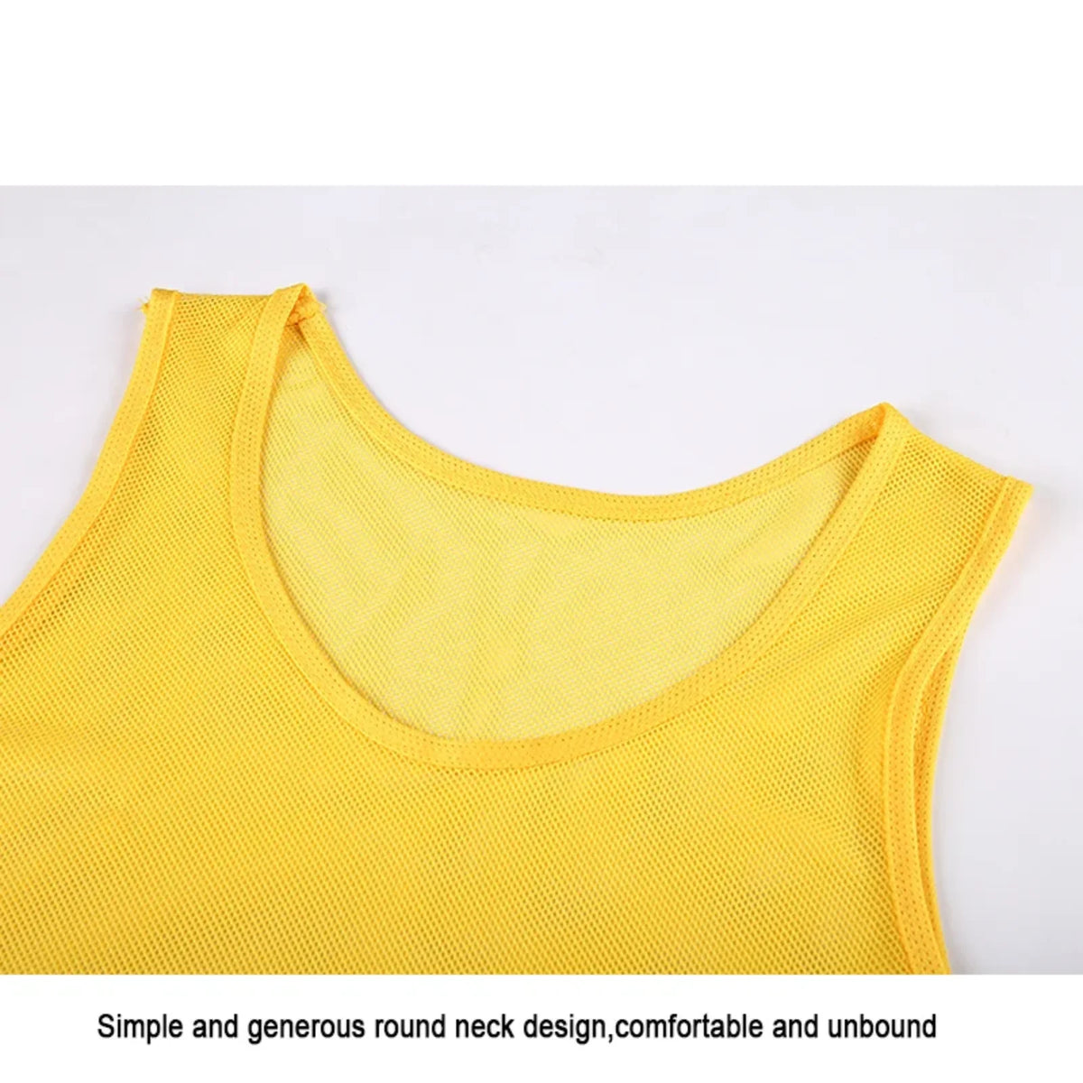 Yellow breathable mesh soccer training vest with a round neck design