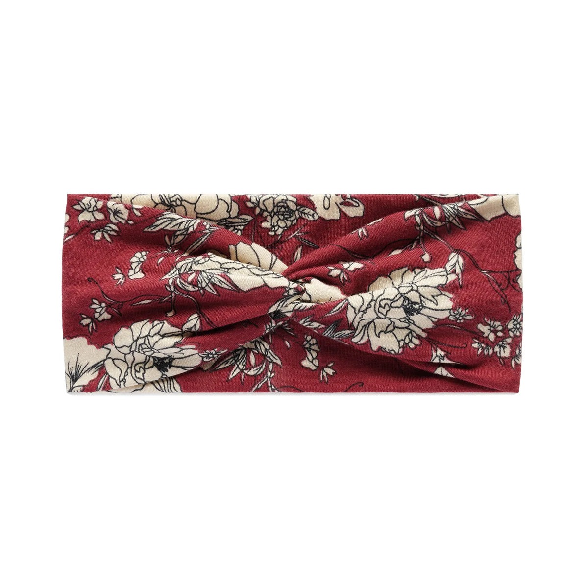 A burgundy fabric headband featuring a vintage floral print with cream and green accents.
