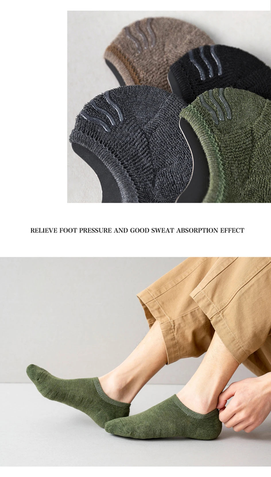 A close-up of olive green men's cotton crew socks being worn on a foot.