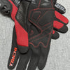 A pair of black and red Genuine Leather Motorcycle Motocross Gloves shown on a gray background.