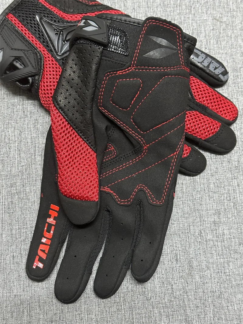 A pair of black and red Genuine Leather Motorcycle Motocross Gloves shown on a gray background.