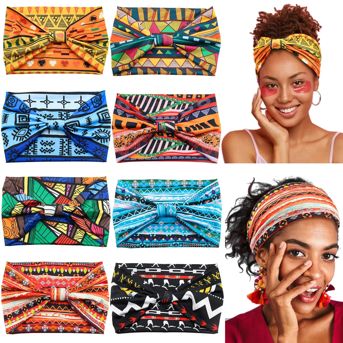 A collection of colorful boho cotton turban headbands worn by a woman, showcasing various patterns and styles.