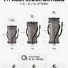 Three sizes of gray hydration packs, including 1.5L, 2L, and 3L options, shown with corresponding weights.