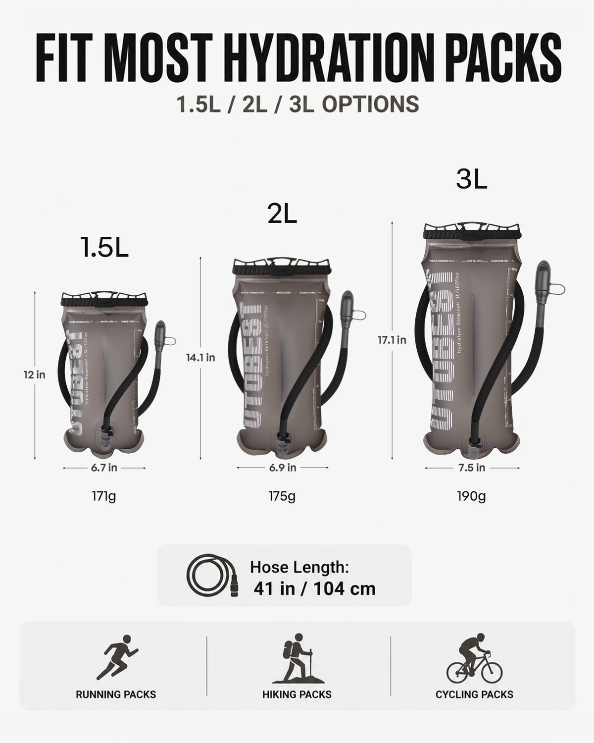 Three sizes of gray hydration packs, including 1.5L, 2L, and 3L options, shown with corresponding weights.