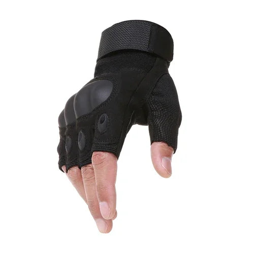 Black half finger tactical gloves shown on a hand.