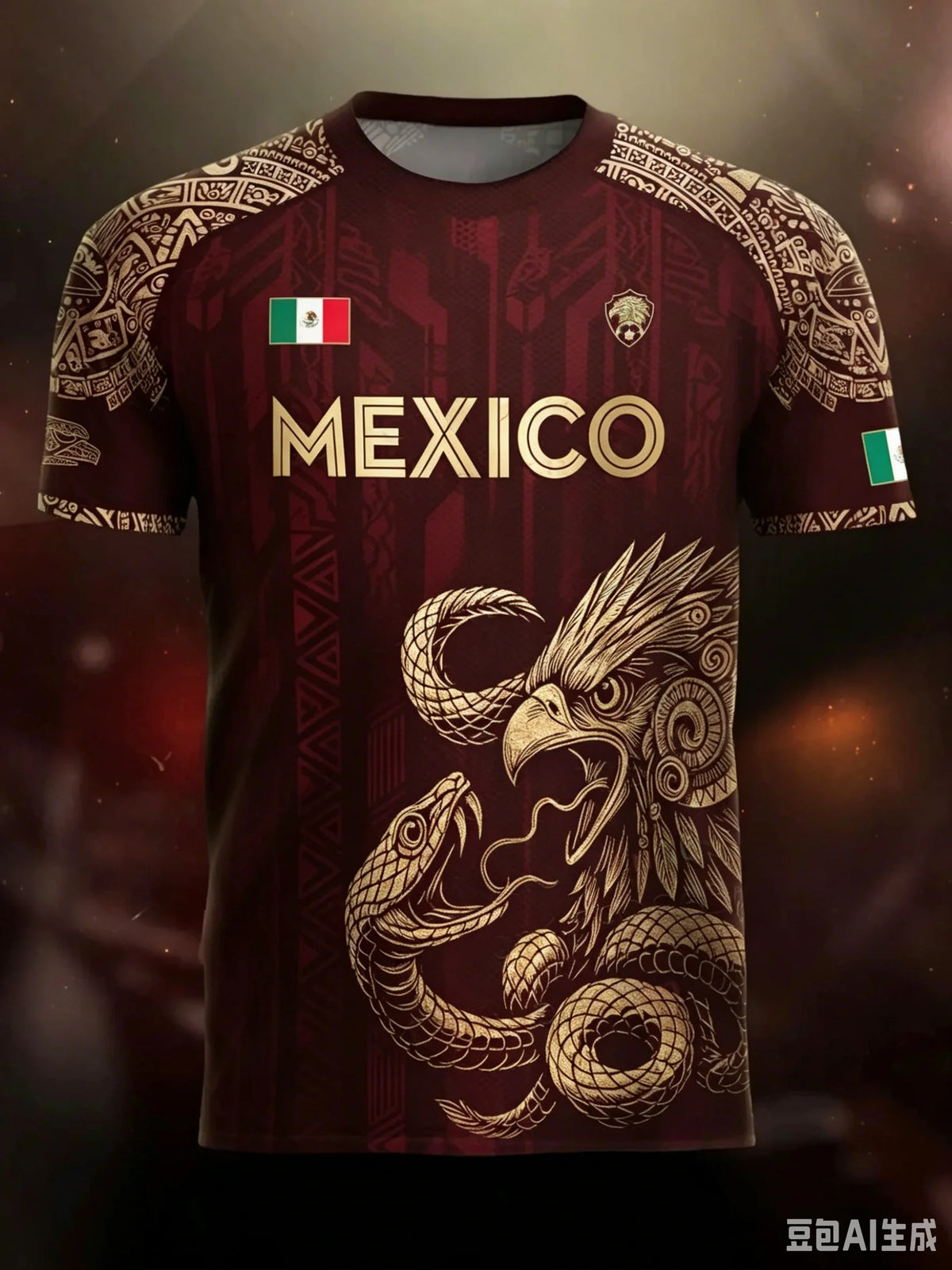 A dark red soccer jersey featuring an Aztec calendar style design and a large eagle graphic.