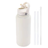 A white stainless steel vacuum flask water bottle with a lid and a separate straw is shown.