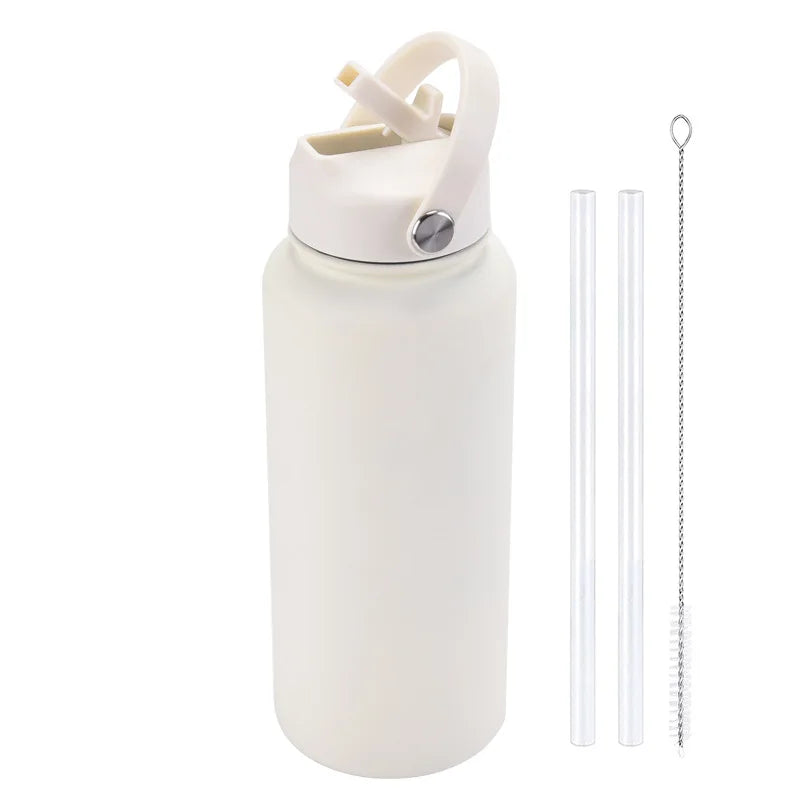 A white stainless steel vacuum flask water bottle with a lid and a separate straw is shown.
