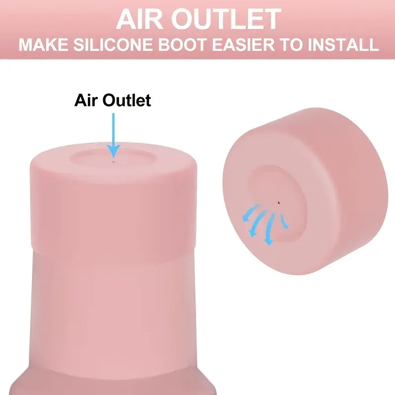 A pink silicone air outlet is shown on a tumbler, designed to make installation easier.