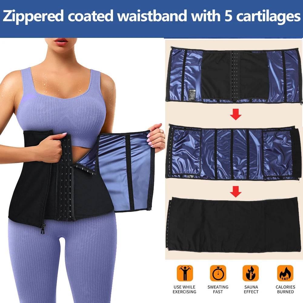 A woman wearing a zippered coated waistband with five cartilages, shown alongside the product components.