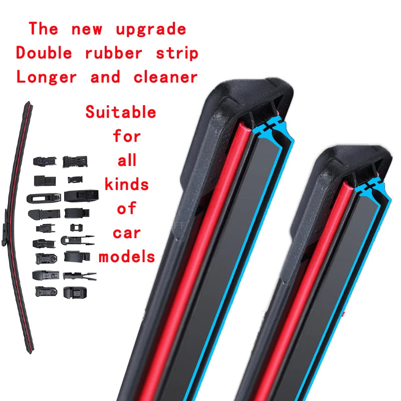 A close-up view of a new upgrade double rubber strip wiper blade for various car models.
