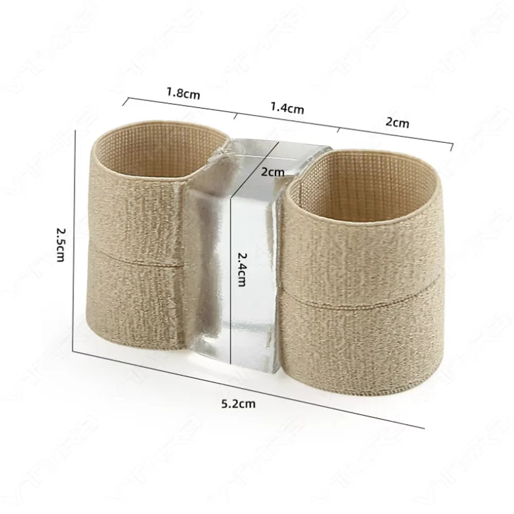 A beige adjustable toe corrector and separator device shown with various measurements.