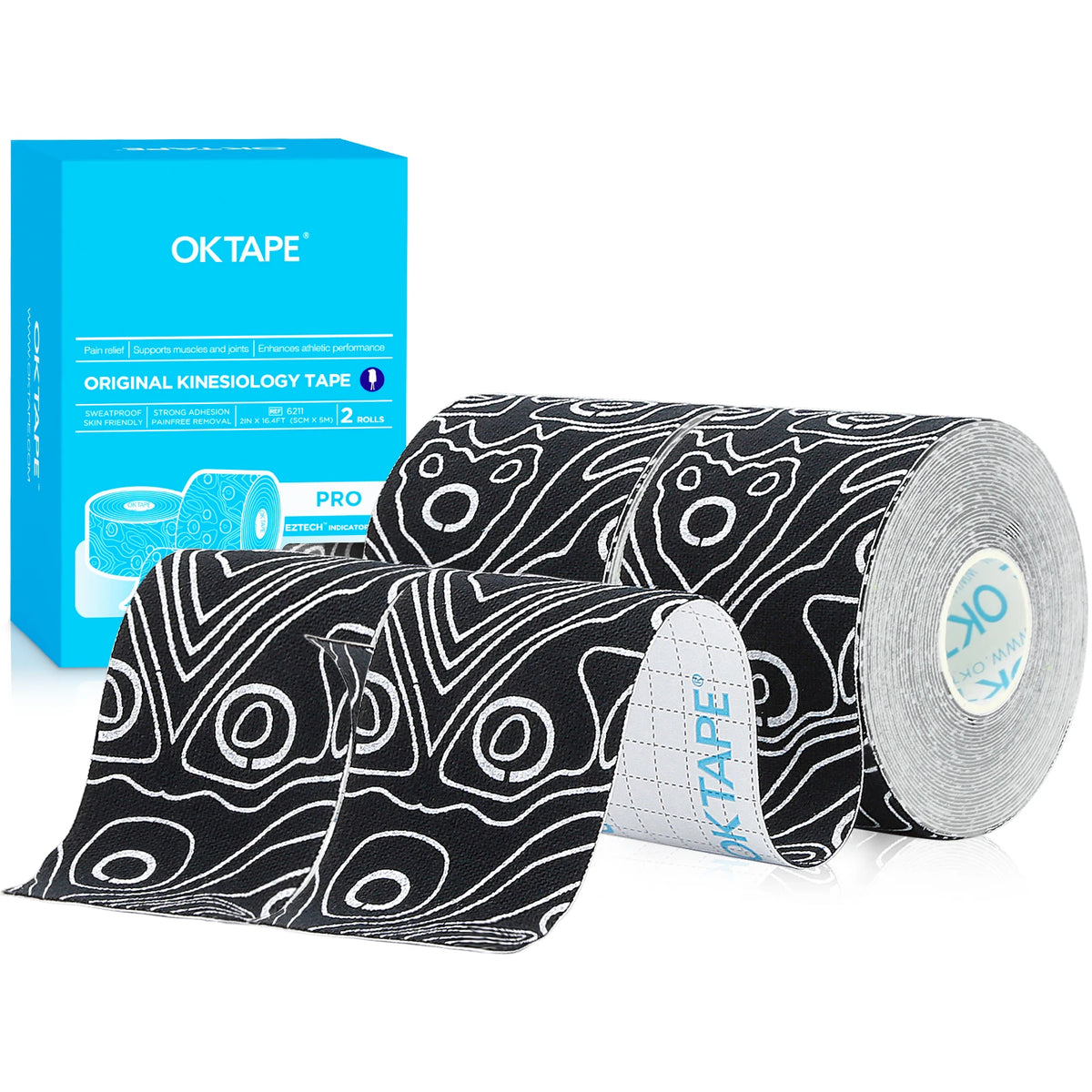 Rolls of black and white OKTAPE kinesiology tape next to its packaging box.