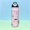 A pink insulated stainless steel sports water bottle with a black push button cap and decorative graphics.