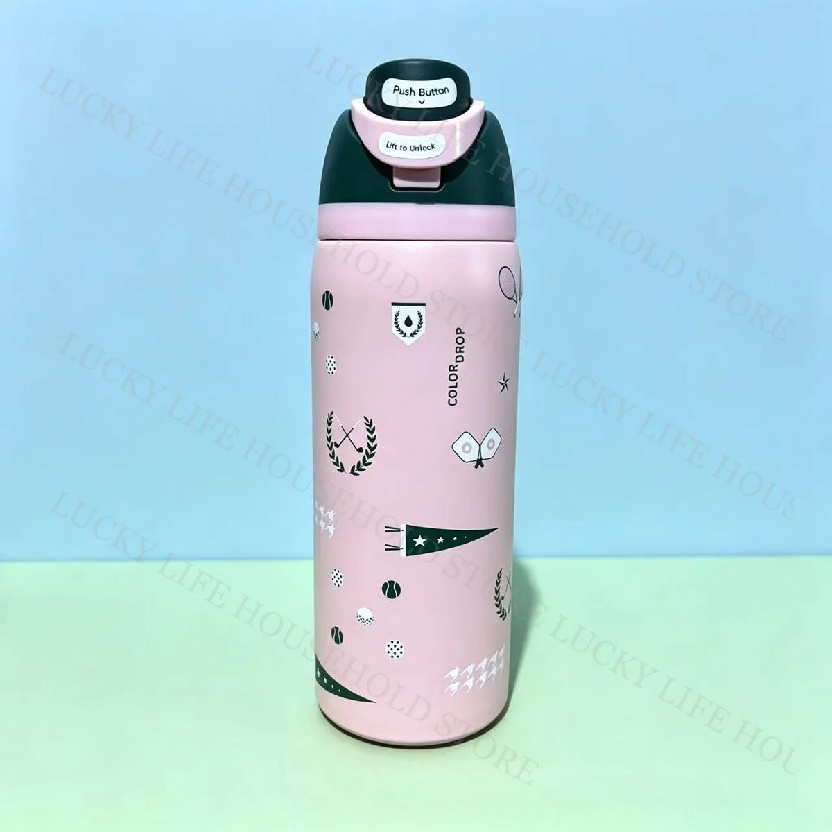 A pink insulated stainless steel sports water bottle with a black push button cap and decorative graphics.