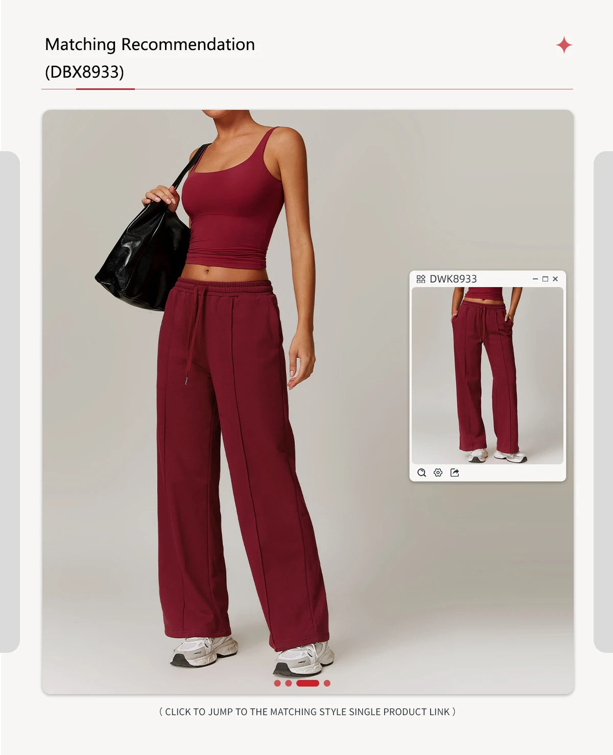Una modelo vistiendo un top deportivo de cuello cuadrado color granate y pantalones a juego.