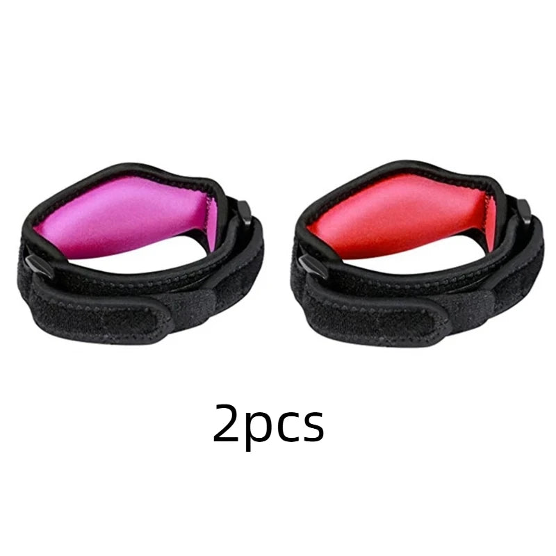 Two pink and red tennis elbow support braces shown side by side