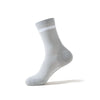 A close-up view of a light gray performance athletic running sock with a white stripe detail.