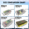 Size comparison chart showing various quantities of complete fishing lures kits in clear plastic containers.