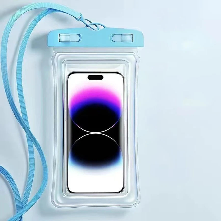 Una bolsa de silicona transparente con una correa azul que sostiene un smartphone mostrando un degradado púrpura y negro.