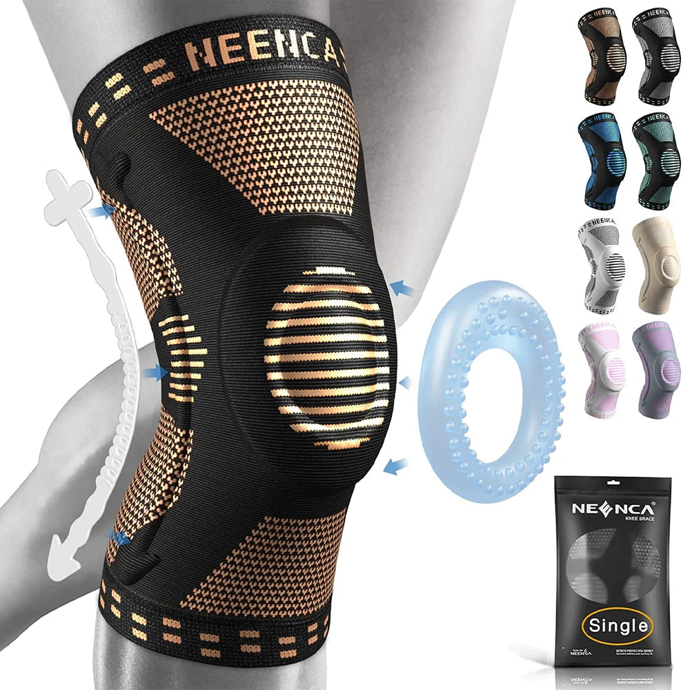 A black knee brace with copper ions infused, shown on a leg and with various sizes displayed.