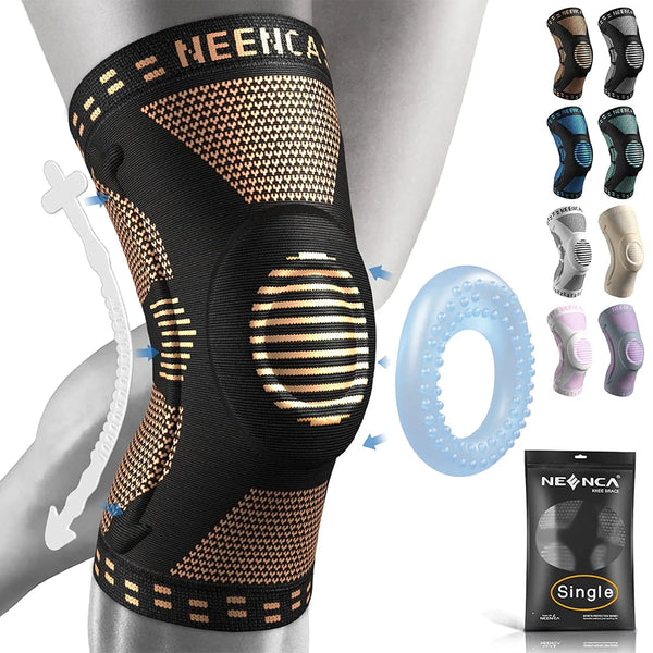 Une genouillère noire infusée d'ions de cuivre, montrée sur une jambe avec différentes tailles.