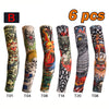 Six different designs of UV protection tattoo arm sleeves displayed vertically.