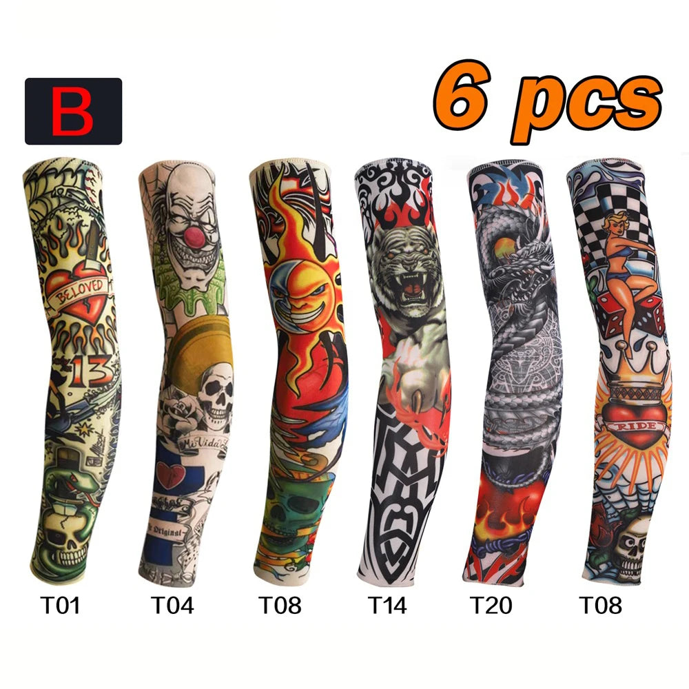 Six different designs of UV protection tattoo arm sleeves displayed vertically.